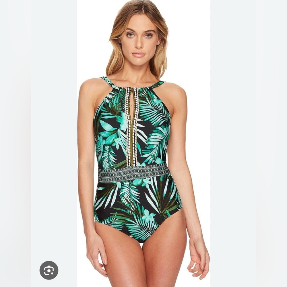 Jantzen Green Tropical Leaf High-Neck One-Piece Swimsuit